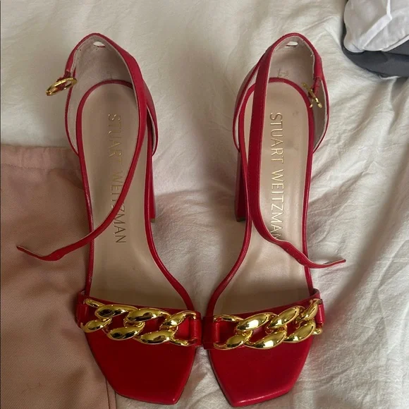 Stuart Weitzman Red Heels with Gold Chain Accent - Picture 2 of 6